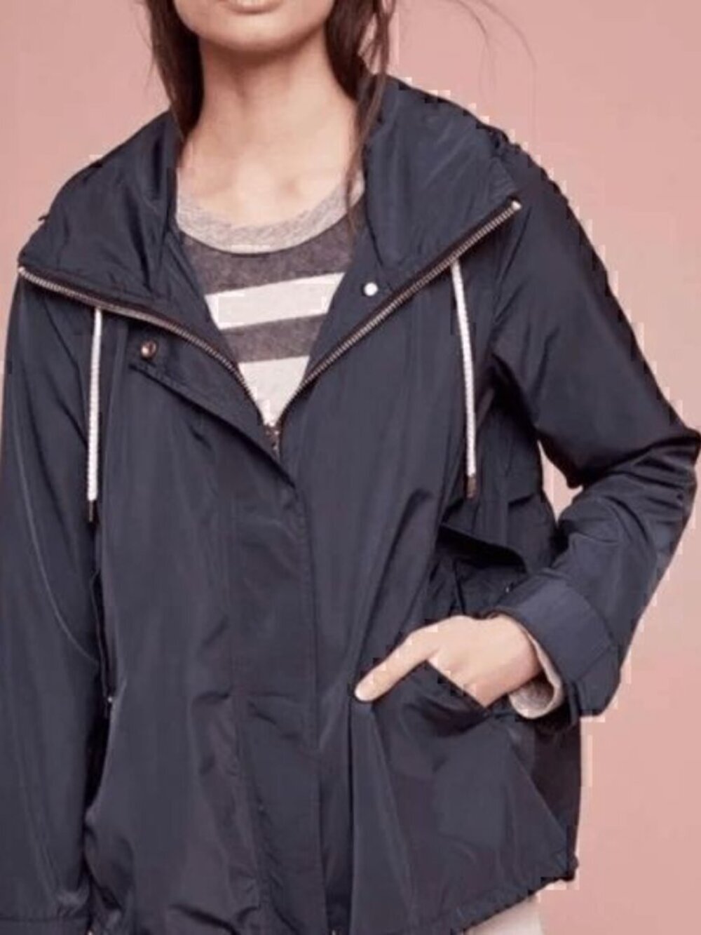 NVLT Anthropologie Womens Cinched Navy April Showers Raincoat Jacket Size XS